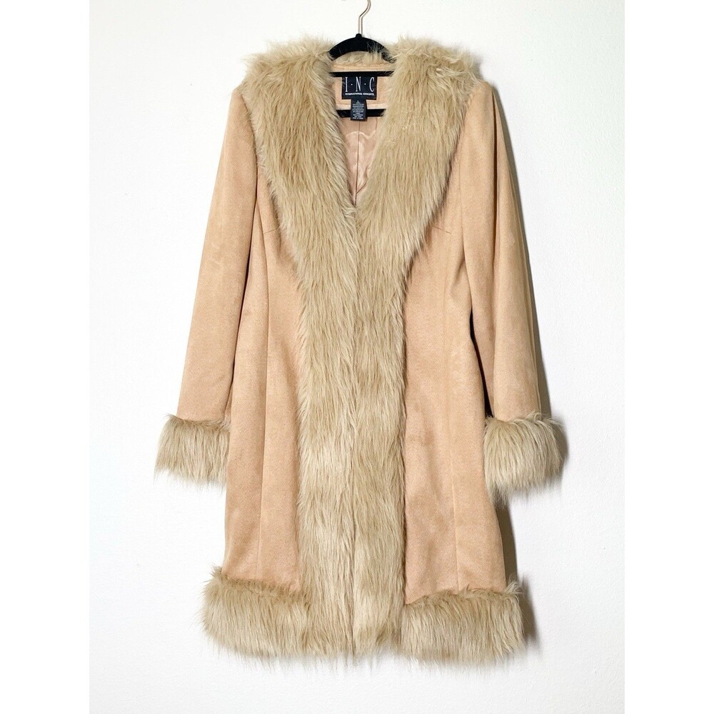 INC Vintage Penny Lane Coat Women's L Tan Vegan Suede Faux Fur Mid Length